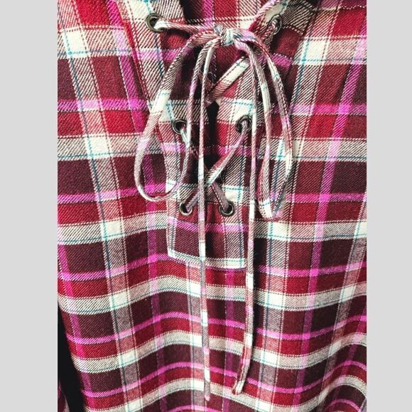 LANE BRYANT Plus Size Long sleeve Shimmery Plaid Top With Tie Front Closure. - Picture 3 of 14